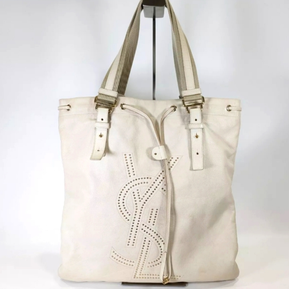 YSL 🔥 Rare 🔥 Leather Kahala Studded Cream Tote Bag, Large!